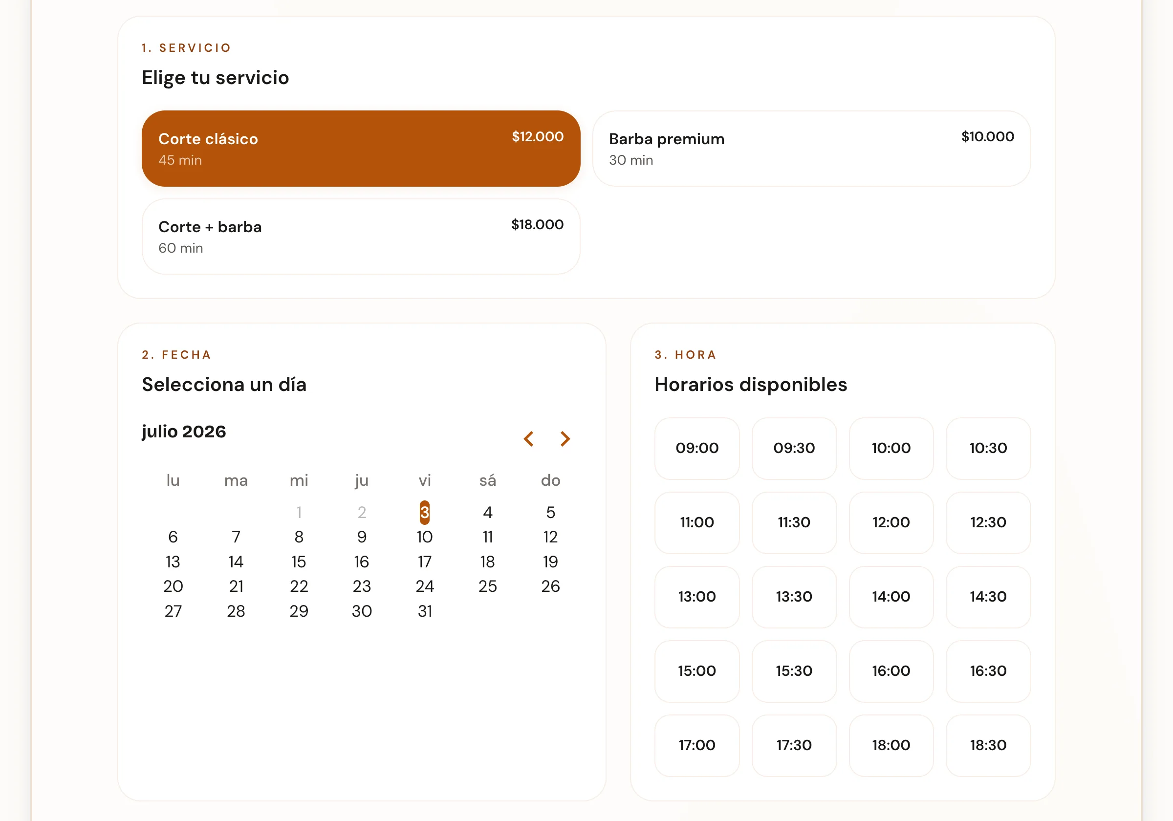 Página de reservas online creada con Agendamelo: el cliente elige servicio con precio, selecciona un día en el calendario y una hora disponible para agendar